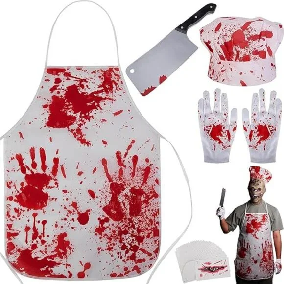 Halloween Butcher Costume Set- Cooking Chef Apron Gloves Prop Knife Tattoo - Picture 7 of 7